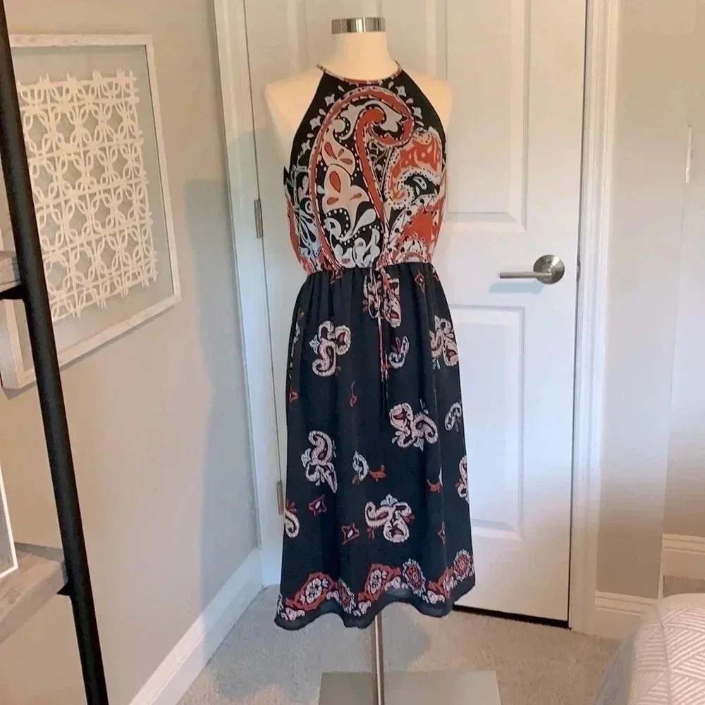 Ann Taylor Loft Dress black and red handkerchief print dress size small